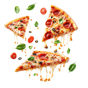 Hot cheesy pizza slices with mushrooms and herbs on transparent background.