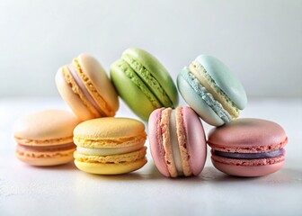 Colorful Macarons on White Background - Sweet Pastry Dessert Photography