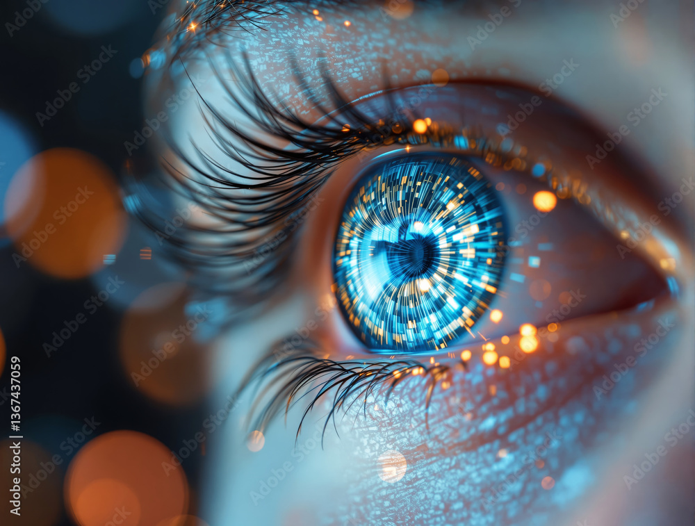 Poster close-up of a woman's eye with glowing blue and orange tech patterns, futuristic digital interface c