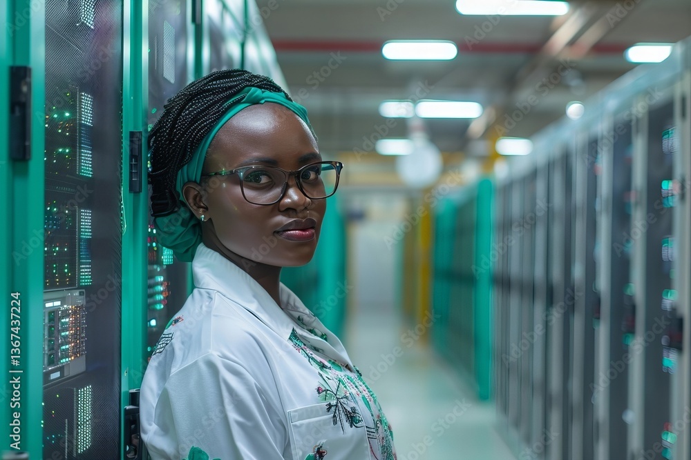 Aufkleber female african engineer utilizing artificial intelligence software for data security in industrial s