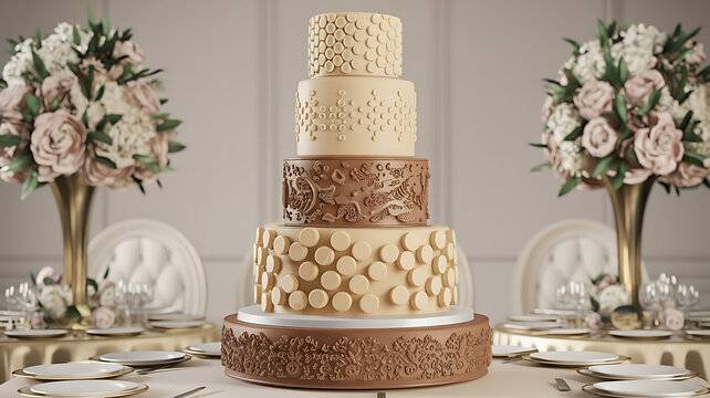 Elegant tiered cake pastel tones floral arrangements sophisticated event