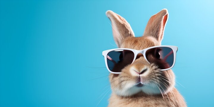 A cute, smiling rabbit wearing sunglasses, against a blue background, in a cool style. Commercial photography, high resolution. bokeh background