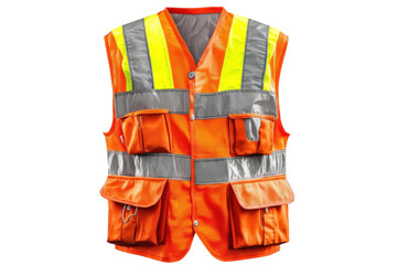 Bright orange safety vest with reflective stripes and pockets for visibility and protection isolated on transparent background