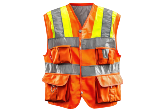 Bright orange safety vest with reflective stripes and pockets for visibility and protection isolated on transparent background
