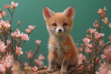 Obraz premium A cute baby fox is sitting among some pretty pink flowers