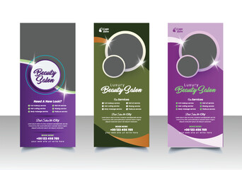Set of roll up banner for beauty salon vertical editable template, professional beauty spa, yoga, meditation, cosmetic sale, skin treatment signage vertical banner design