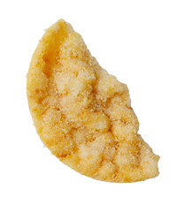 A piece of food with a yellow crust and a white background