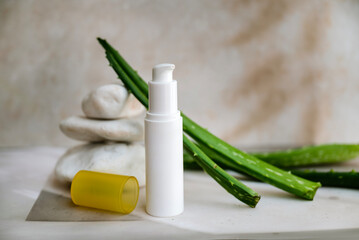 Aloe vera face cream and aloe vera fresh leaves 