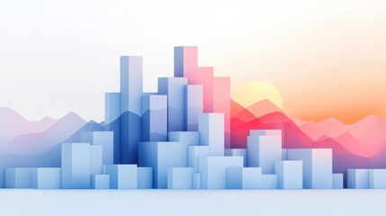 Abstract Cityscape at Sunset Cool toned Geometric Buildings and Warm hued Mountains