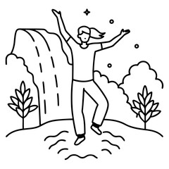 A person jumping in front of a magnificent waterfall, feeling a sense of peace and freedom