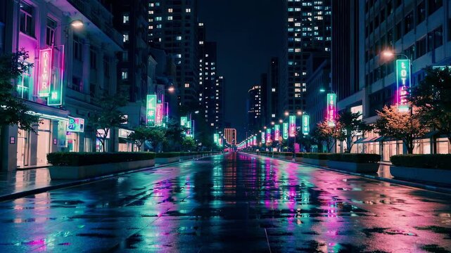 Neon cityscape reflections: vibrant urban nightscape with rainsoaked streets and illuminated buildings