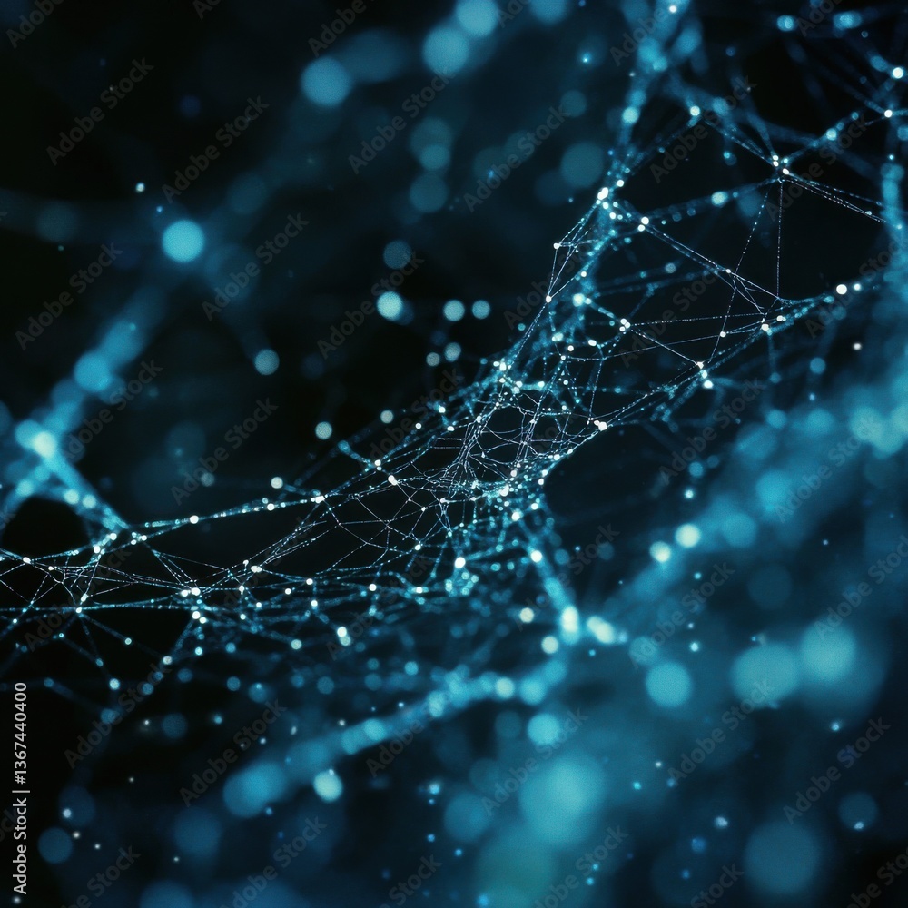 Poster abstract blue network connection: glowing points and lines in dark space