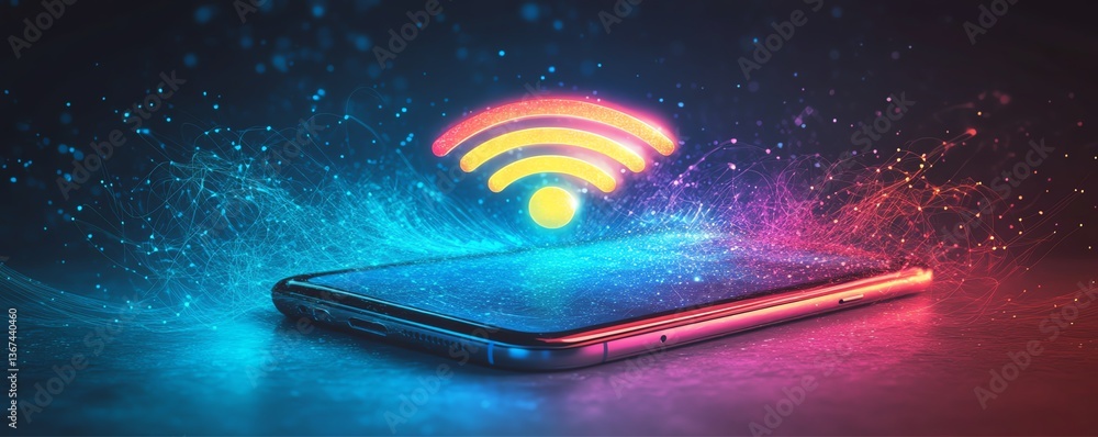 Poster bright and dynamic illustration of a smartphone with wifi waves emanating from it