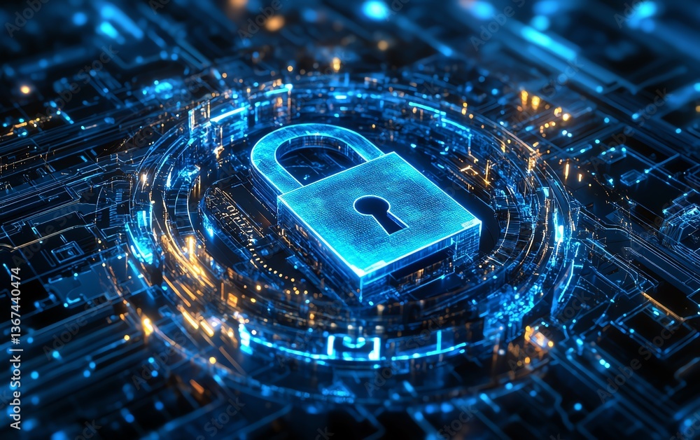 Poster conceptual artwork of a blue padlock encircled by glowing security elements