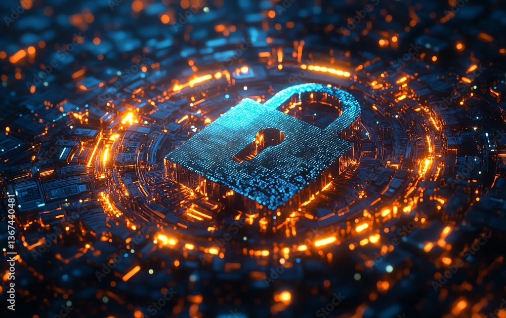 Poster conceptual artwork of a blue padlock encircled by glowing security elements