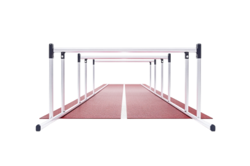 Athletic training area featuring hurdles on a vibrant red track for young athletes in practice isolated on transparent background