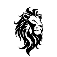Majestic Lion Portrait: A striking black and white portrait of a lion, its powerful gaze and flowing mane exuding strength and dominance. A bold and striking piece for any project.