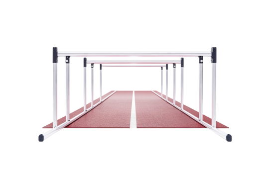 Athletic training area featuring hurdles on a vibrant red track for young athletes in practice isolated on transparent background