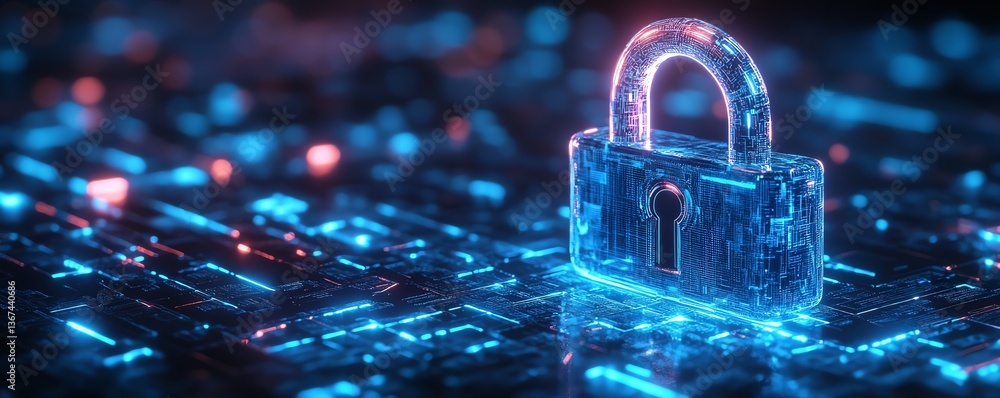 Poster futuristic and sleek blue padlock design, glowing with encryption symbols, symbolizing data security