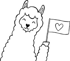 Cute Alpaca Llama Loves Win Heart Flag Character Cartoon Valentine Element Outline
