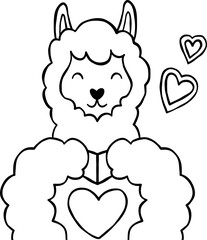 Cute Mini Heart Alpaca Llama Character Cartoon Valentine Element Outline