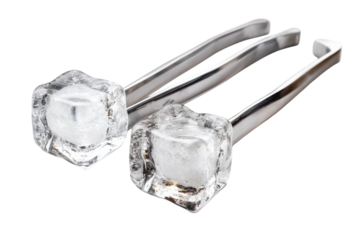 Elegant stainless steel tongs holding ice cubes, showcasing a kitchen tool's practical design isolated on transparent background