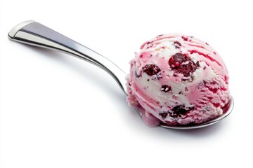 Delicious scoop of raspberry swirl ice cream with chocolate chunks on a shiny silver spoon isolated on transparent background
