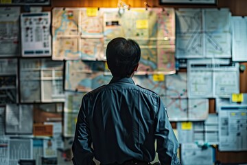 Naklejka premium Intense Focus: Police Investigator Examining Evidence and Maps on Investigation Board