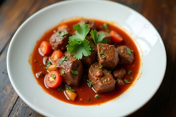 Beef stew in rich tomato sauce garnished with