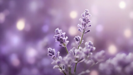 Obraz premium A soft and serene background with lavender flowers and blurred bokeh lights, creates a calming and romantic scene.