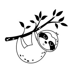 Fototapeta premium Cute sloth isolated black and white animal doodle. Hand drawn vector illustration in flat style