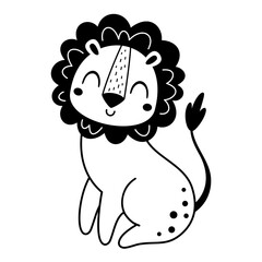 Cute lion isolated black and white doodle. Jungle animal clipart. Hand drawn vector illustration in flat style