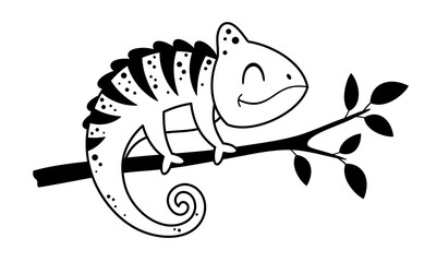Black and white chameleon clipart, isolated cartoon tropical, savanna character doodle. Hand drawn vector illustration in flat style