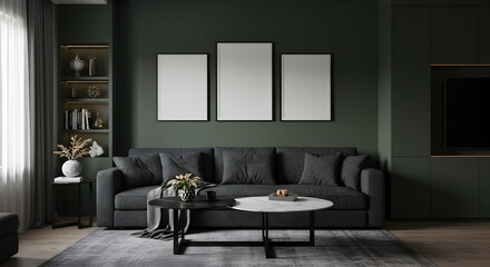 Rich Green Living Room with Art Frames, Rich Green Living Room with Cozy Sofa and Multi-Frame Wall Art