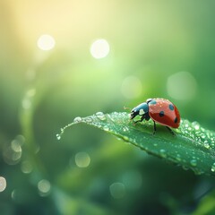 Obraz premium Red Ladybug on Dew-Covered Green Leaf