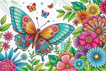 Coloring Page: Butterfly and Flowers, Kids Activity Sheet, Nature Theme Illustration