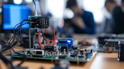 Students engage in hands-on lab work, assembling and testing diverse mechatronic components while collaborating on innovative projects in an advanced technology classroom.