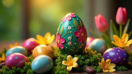 Fototapeta premium A Festive Collection of Decorated Eggs Nestled Amongst Spring Blossoms and Lush Greenery
