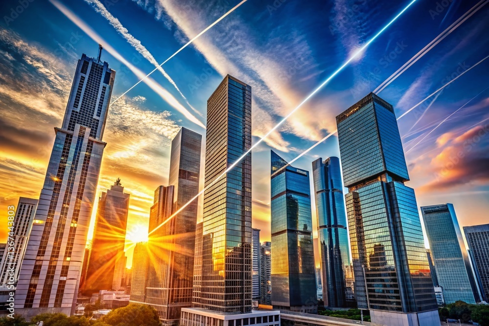 Poster contrails & cityscape: architectural lines converge with plane trails