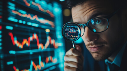 Investor observes fluctuating stock prices through a magnifying glass, focusing on market trends and their implications for financial decisions in a tech-driven environment.