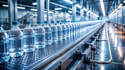 Obraz premium Conveyor Belt Filling Water Bottles: Clean Production Line Stock Photo