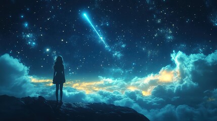 Obraz premium silhouette of girl standing on mountain,night sky with shooting star alone concept