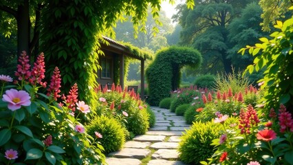 Obraz premium Serene Garden Path Leading to a Rustic Cabin Amidst Vibrant Blossoms and Lush Greenery
