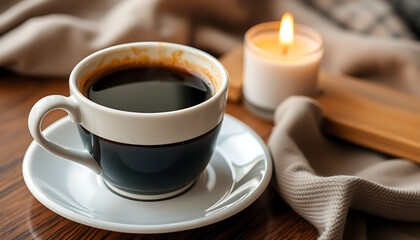 Obraz premium Hot Black Coffee with Candlelight – A Cozy Moment of Relaxation