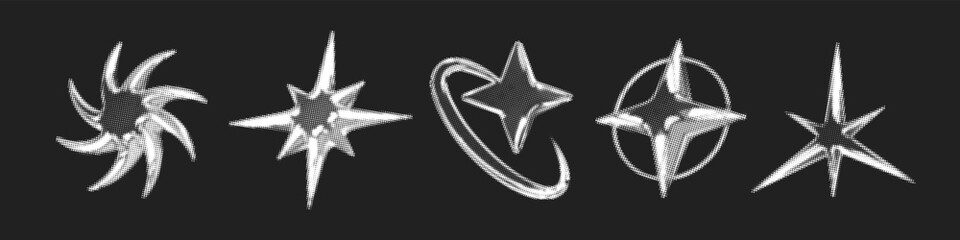 Y2k 3d chrome halftone stars shape retro abstract elements vector illustration set. Chrome silver 3d metallic halftone semitone retro effect collection. Y2k space various star retro futuristic shapes. © Konstantin