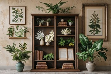 Stylish Bookshelf Design Featuring Botanicals and Documents Against a Textured Wall