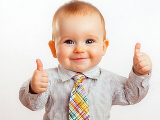 Happy toddler giving thumbs up in colorful tie