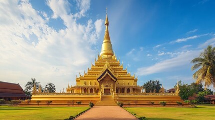 Fototapeta premium Discover the golden stupa in laos architectural marvel cultural heritage serene environment wide-angle view