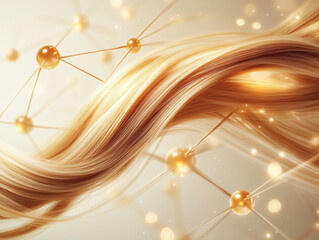 Golden strands of hair interwoven with glowing molecules
