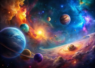 Cosmic Panorama: Vibrant Nebula and Planets - Celestial Stock Photo